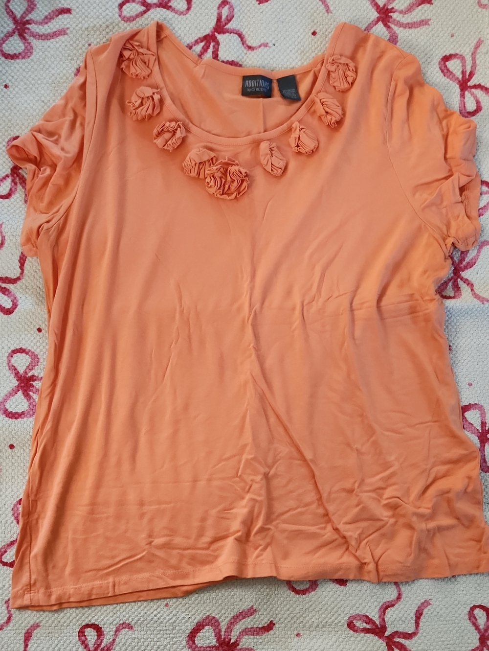 Additions By Chico's Coral Short Sleeve Top with Floral Rosette Neckline